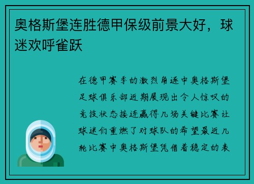 奥格斯堡连胜德甲保级前景大好，球迷欢呼雀跃