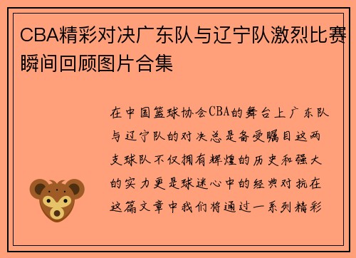 CBA精彩对决广东队与辽宁队激烈比赛瞬间回顾图片合集